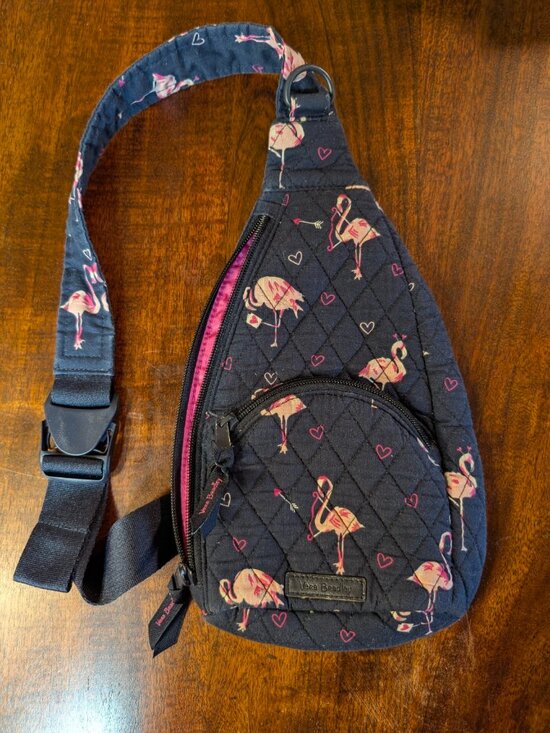 Vera Bradley Handbags - Vera Bradley Flamingo Quilted Sling Bag Navy Pink Crossbody with Zipper Charm